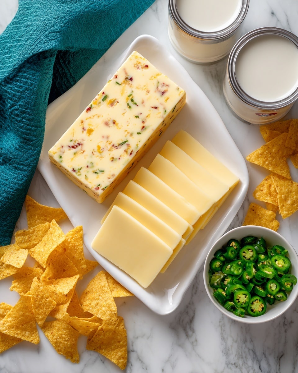 The image shows a white rectangular plate with two types of cheese on it: a thick block of pepper jack cheese with green and red specks on the left, and a neat stack of smooth, pale yellow white American cheese slices on the right. Behind the plate, two open cans filled with creamy white evaporated milk sit side by side. Next to the cans, there is a small white bowl filled with chopped green jalapenos. Scattered around the bowl and plate are broken yellow corn tortilla chips. The whole scene is set on a white marbled surface with a teal cloth partially visible in the top left corner. Photo taken with an iphone --ar 4:5 --v 7