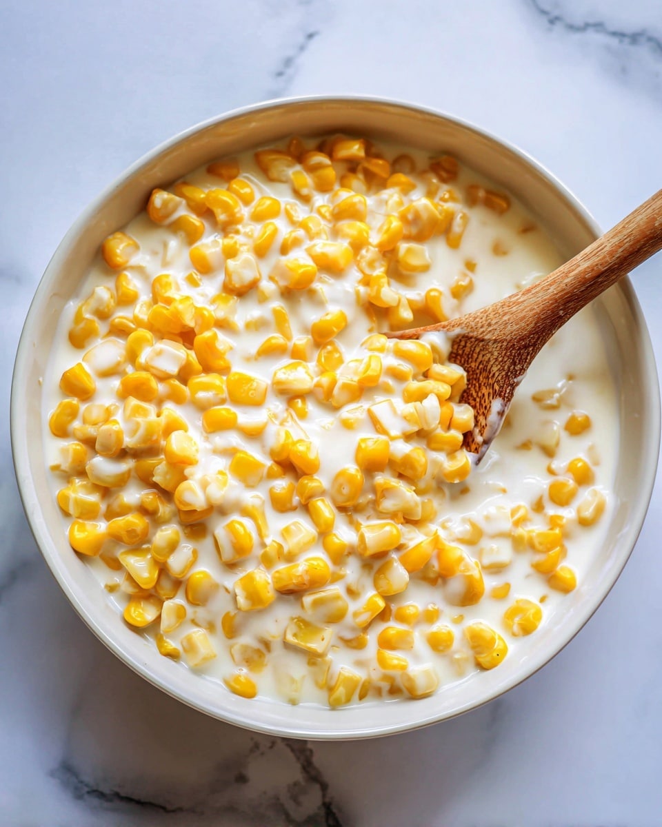The image shows a close-up of creamy corn in a white bowl, with many yellow corn kernels fully covered in a thick, white sauce that looks smooth and rich. A wooden spoon is mixed in on the right side, blending and lifting the creamy corn. The background is a white marbled texture. photo taken with an iphone --ar 4:5 --v 7