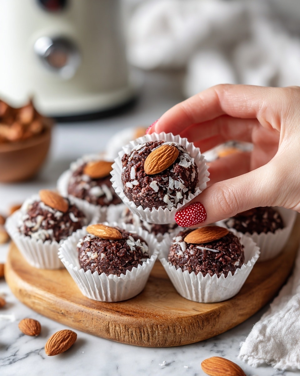 A woman's hand with red and white candy-striped nails is holding a small round chocolate treat topped with a whole almond. The treat has a rough, crumbly texture and sits in a white paper cup. Around it, several similar chocolate treats with whole almonds on top rest in white paper cups on a light wooden board. The background shows a blurred kitchen appliance and a white cloth, all on a white marbled surface. Photo taken with an iphone --ar 4:5 --v 7