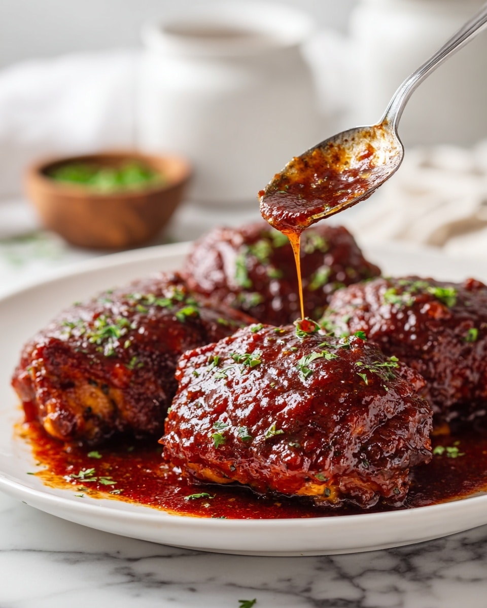 A white plate holds four large pieces of cooked chicken covered in thick, shiny dark red sauce that looks sticky. The chicken pieces are placed close to each other and sprinkled with small green herb leaves. A silver spoon is held above the closest chicken piece, with sauce dripping from it onto the chicken below. The plate sits on a white marbled surface, and in the background, there are small white and wooden bowls with more herbs and sauces, softly blurred. photo taken with an iphone --ar 4:5 --v 7