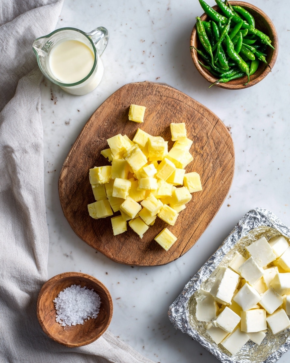 The image shows a wooden cutting board placed on a white marbled surface, with a pile of small yellow cheese cubes on it. To the right of the board, there is a silver foil tray with white cream cheese cubes. Above the board is a small glass bowl filled with green chili peppers, and below it is a small wooden bowl containing coarse salt. To the left of the cutting board, there is a clear measuring cup with cream, resting on a light grey cloth. The overall setup is neat and bright with natural lighting. Photo taken with an iphone --ar 4:5 --v 7