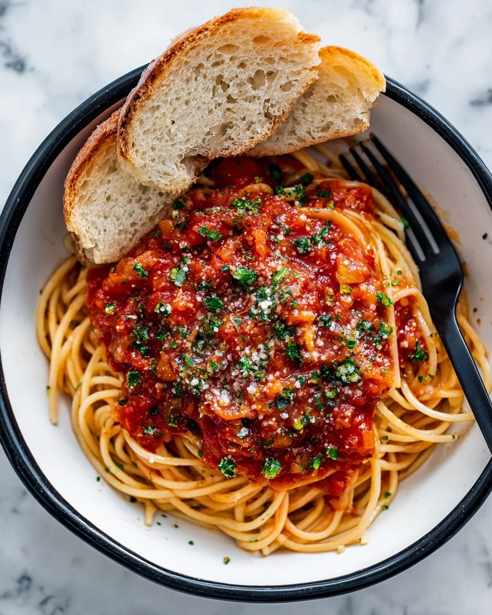 A white bowl with a black rim holds a serving of spaghetti topped with red tomato sauce sprinkled with small bits of green herbs and light parmesan cheese. The pasta noodles are lightly coated with sauce and arranged in a loosely twisted pile under the thicker sauce in the center. Two pieces of torn light brown bread rest at the edge of the bowl. A black fork is partly inserted into the spaghetti on the right side of the bowl. The bowl sits on a white marbled surface. Photo taken with an iphone --ar 4:5 --v 7