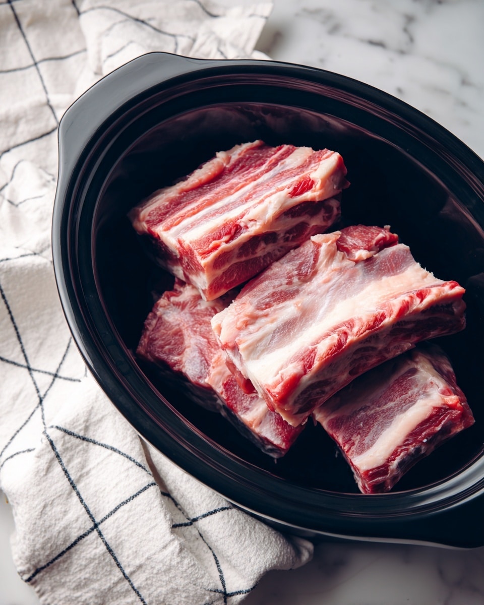 The image shows three pieces of raw pork ribs with pink and white marbled fat inside a black oval slow cooker pot. The ribs are stacked with one piece leaning on another, showing different cuts and textures of red meat and white fat. The pot is placed on a white marbled surface, and a white cloth with a black grid pattern lies partially underneath the pot on the left side. Photo taken with an iphone --ar 4:5 --v 7