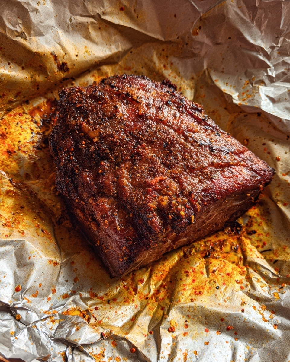 The image shows a single large piece of cooked meat with a dark brown, textured crust, resting on crinkled aluminum foil that has orange stains and specks of seasoning on it. The meat's surface appears rough and seasoned, and the foil surrounds it loosely, creating folds and reflections. The background is a white marbled texture. photo taken with an iphone --ar 4:5 --v 7