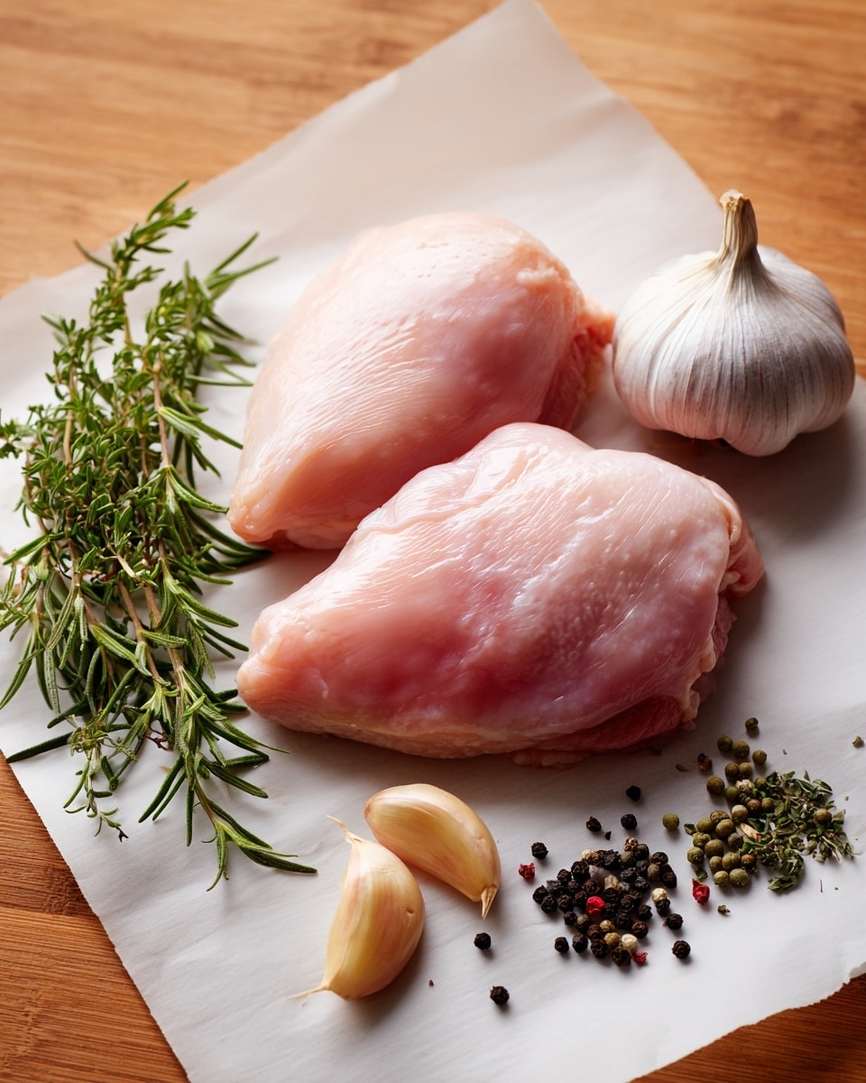 Two raw chicken pieces with a smooth, pale pink color and shiny texture lie side by side on white paper. To the right of the chicken, there are three garlic cloves with light brown skins and white tips. Next to the garlic are black and green peppercorns scattered loosely, and a small bunch of fresh green rosemary sprigs with thin, needle-like leaves. The items rest on a wooden surface with a warm brown tone. photo taken with an iphone --ar 4:5 --v 7