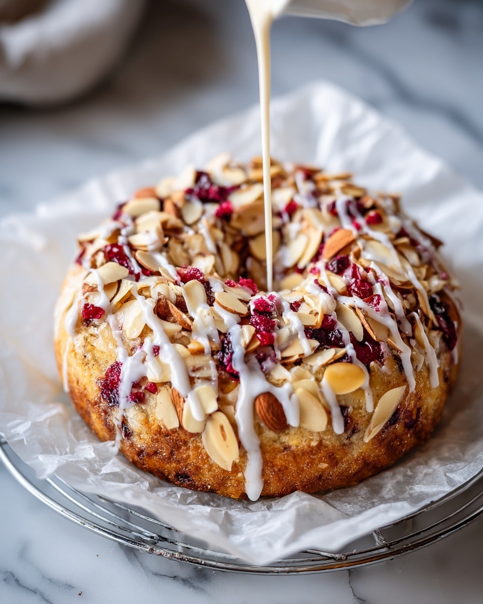 A slice of light yellow cake with a moist texture sits on a white plate, with layers of red cranberries inside. The top layer is covered with white icing, decorated with two whole red cranberries and a few almond slices. In the background, there is the rest of the cake on white parchment paper, slightly out of focus, and a silver fork with some almond slice and cranberry bits rests on the white marbled surface. The setting is bright and clean, with a soft green herb decoration blurred in the background. photo taken with an iphone --ar 4:5 --v 7