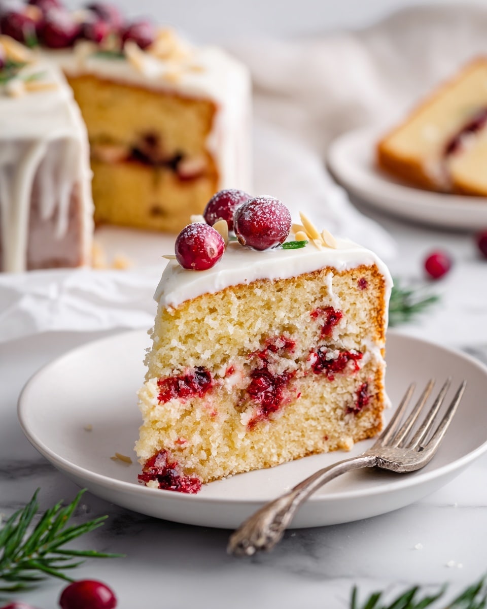 A round baked item with a light golden brown base wrapped in a crinkled white paper liner, topped with a mixture of sliced almonds and scattered red berries, showing a rich textured surface; white icing is being drizzled over the top in thin lines from above creating a fresh, glossy contrast on the colorful nut and berry layer; the whole item rests on a silver wire rack on a white marbled surface, with soft natural light highlighting the details and colors; photo taken with an iphone --ar 4:5 --v 7