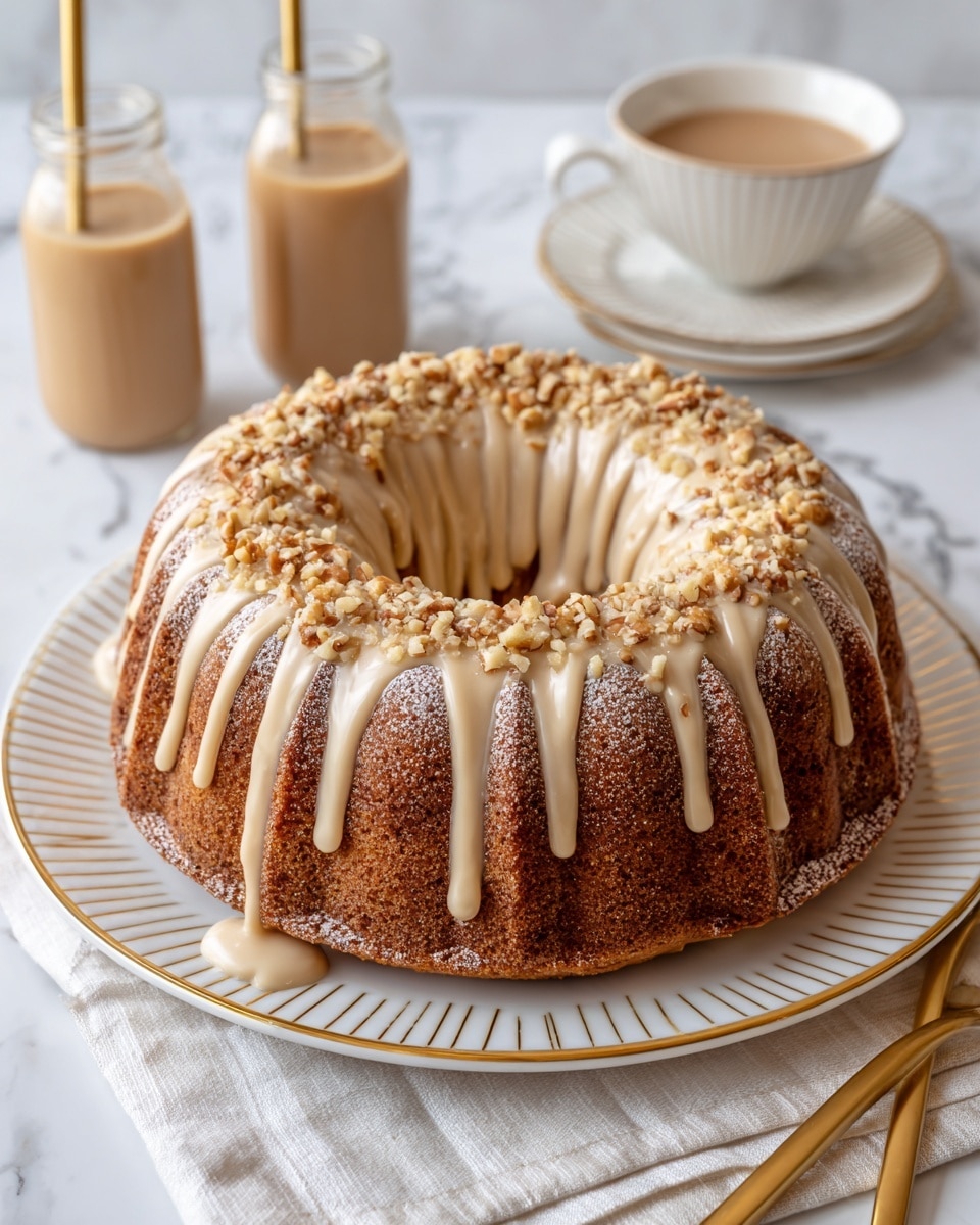 A round bundt cake sits centered on a white plate with a gold rim, placed on a white plate with a gold striped rim, all on a white marbled surface. The cake is brown and topped with light beige icing drizzled in evenly spaced, thick stripes from the center to the edge. Sprinkled chopped nuts add texture and color on top of the icing. Powdered sugar dusting lightly covers the whole cake, adding a soft white layer over the brown and beige tones. Nearby are two small glass bottles filled with creamy light brown liquid, each with a straw, as well as gold forks resting on a white cloth napkin. The photo taken with an iphone --ar 4:5 --v 7