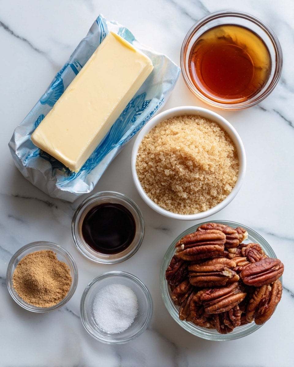 The image shows several ingredients placed on a white marbled surface. There is a rectangular stick of butter with a light cream color and blue markings on the wrapper at the top left. Next to it on the right, there is a small clear glass cup filled with dark amber maple syrup. Below the butter and syrup, there is a white bowl filled with light brown, grainy brown sugar. To the right of the brown sugar, there is a small clear bowl filled with a dark vanilla liquid. Below those bowls, on the bottom left, a tiny clear glass bowl contains light brown cinnamon and white salt, side by side. Lastly, to the right, a medium clear bowl holds a pile of whole pecans with a shiny, dark brown texture. photo taken with an iphone --ar 4:5 --v 7