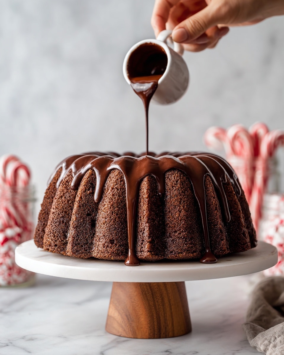 A dark brown chocolate bundt cake with a rough texture stands on a white cake stand with a wooden base. A woman's hand is holding a small white cup, pouring thick, shiny dark chocolate sauce over the top of the cake. The chocolate sauce flows slowly and drips down the sides in thick streams onto the white cake stand. The background features a white marbled texture with blurred candy canes in glass jars. photo taken with an iphone --ar 4:5 --v 7