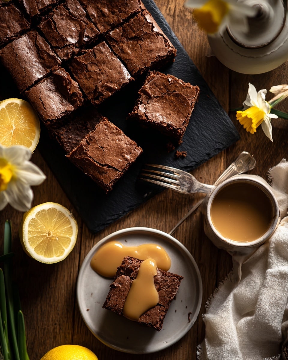 A close-up view of a square chocolate cake with a cracked top layer, cut into several pieces, resting on a black slate board with a piece missing from the center. One piece of cake sits on a white plate below, topped with a smooth, light brown sauce that cascades slightly over its edges. A silver fork lies beside the cake on the plate. Surrounding the setup are a halved lemon, a whole lemon, a yellow daffodil flower, and a white cloth, all placed on a warm wooden surface. The scene is softly lit, highlighting the rich texture and deep brown color of the cake. Photo taken with an iphone --ar 4:5 --v 7