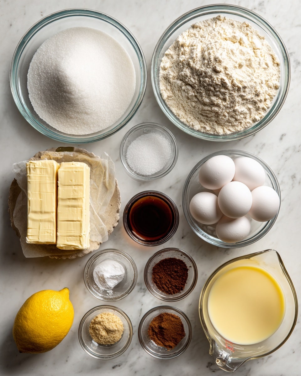 The image shows twelve ingredients arranged on a white marbled surface. There are two clear glass bowls at the top, one on the left with granulated sugar, smooth and white, and one on the right filled with all-purpose flour, fluffy and off-white. Below the sugar bowl, two sticks of unsalted butter, pale yellow with paper wrapping, are placed. Next to the butter is a small glass container of kosher salt, fine and white. In the center, below the flour bowl, sits a small cup of dark rum, deep brown in color. To the right of the rum, a clear glass bowl holds four white eggs. Below the eggs is a small glass jar of baking powder, white and powdery. At the bottom right, a glass measuring cup holds a creamy yellow liquid of eggnog. At the bottom left, a bright yellow lemon rests beside a small jar of dark vanilla bean paste. Two small glass bowls hold spices near the center bottom, ground nutmeg, light brown and finely ground, and ground cinnamon, darker brown and powdery. Photo taken with an iphone --ar 4:5 --v 7