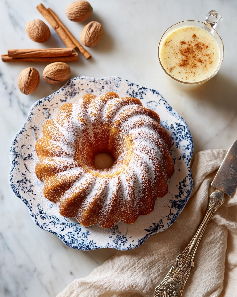 A single bundt cake with a light golden brown color sits on a white plate with blue speckles, dusted generously with fine white powdered sugar that settles into the detailed swirl pattern of the cake. To the right, there is a small glass with a creamy light yellow beverage topped with a sprinkle of cinnamon. Below the plate rests a light beige cloth with an ornate silver cake server, two cinnamon sticks, and two whole nutmegs placed beside it, all arranged on a white marbled surface. Photo taken with an iphone --ar 4:5 --v 7