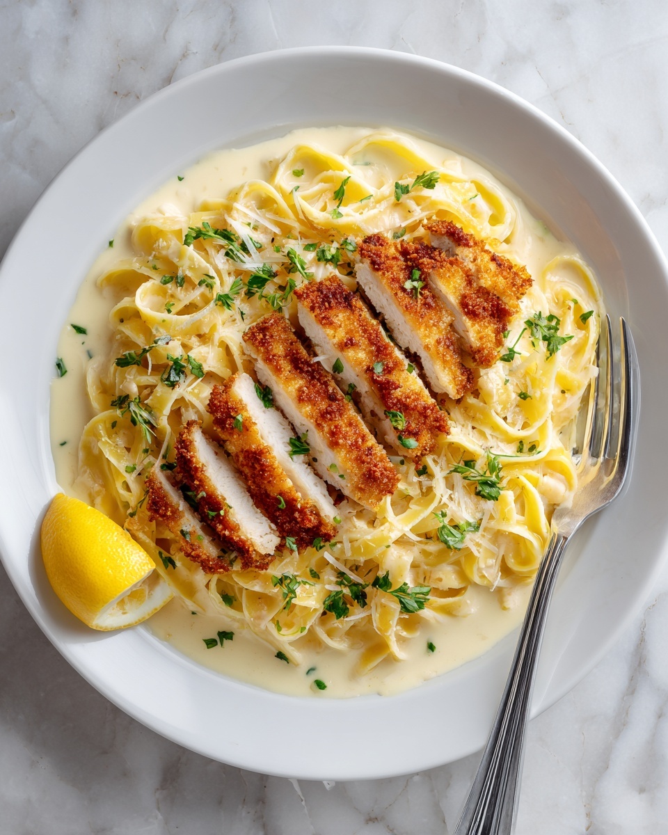 Lemon Chicken Pasta Recipe 5 A white plate holds creamy white fettuccine pasta coated in a smooth sauce, topped with five slices of golden brown crispy chicken arranged in a fan shape, garnished with small green herb pieces. A silver fork rests to the right side of the plate, and a bright yellow lemon wedge is placed at the bottom left corner. The whole scene is set on a white marbled surface. photo taken with an iphone --ar 4:5 --v 7