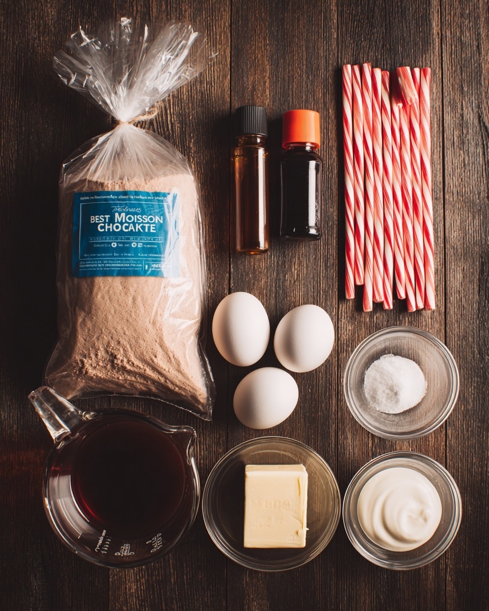 The image shows a top view of several baking ingredients placed on a dark wooden surface. At the top left, there is a clear plastic bag tied at the top, filled with a light brown powder and labeled