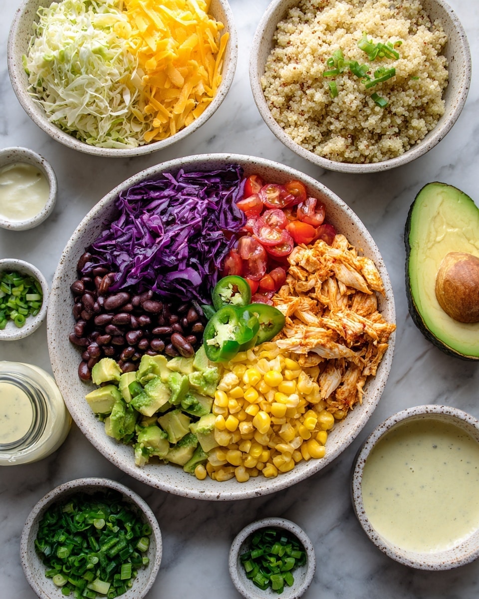 Three white speckled bowls filled with colorful layered salad sit on a white marbled surface. Each bowl has seven layers arranged in separate sections: dark purple shredded cabbage on top, bright yellow corn kernels to the right, light brown quinoa next to the corn, deep red diced tomatoes at the center, green avocado cubes in one corner, shiny black beans beside the avocado, and shredded orange-brown chicken topped with two green jalapeño slices in front. Around the bowls are small white and gray bowls with chopped green herbs and green onions, a glass jar filled with creamy white dressing, and half an avocado. photo taken with an iphone --ar 4:5 --v 7