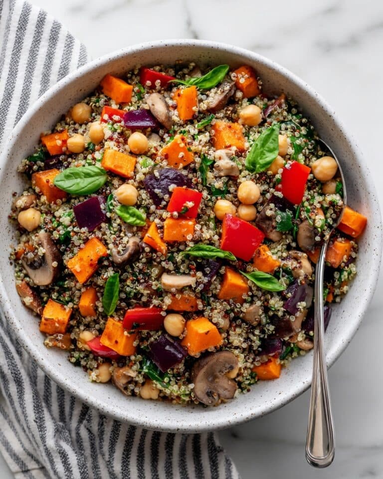 Roasted Veggie, Chickpea & Pesto Quinoa Salad Recipe