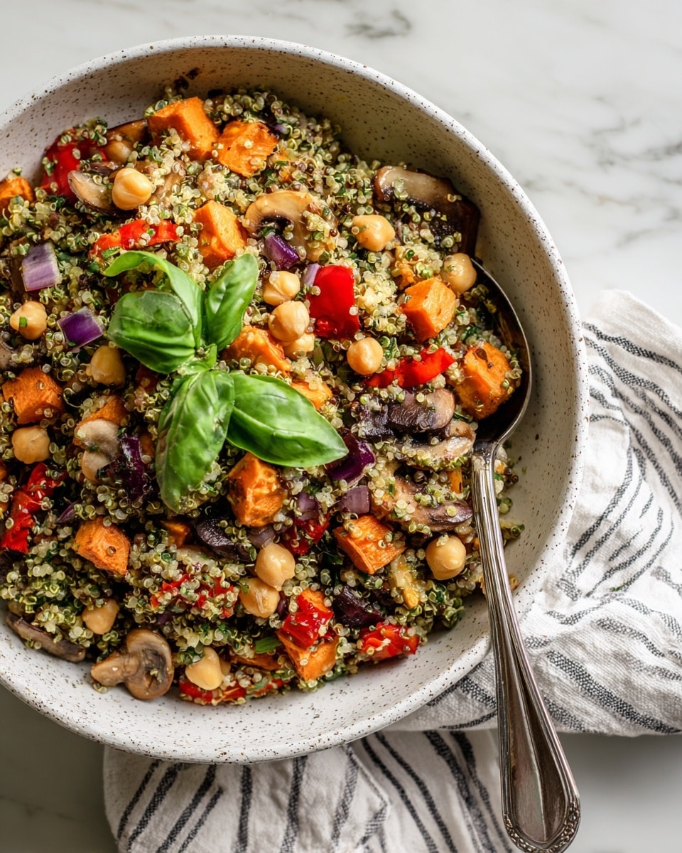 A white speckled bowl filled with a colorful quinoa salad, featuring layers of green quinoa mixed with small chickpeas and fresh basil leaves on top. The salad also includes bright orange chunks of roasted sweet potato, red bell pepper pieces, purple onion slices, and sautéed mushrooms, all evenly mixed throughout. The bowl rests on a white marbled surface with a striped cloth underneath, and a metal spoon is placed inside the bowl on the right side. Photo taken with an iphone --ar 4:5 --v 7