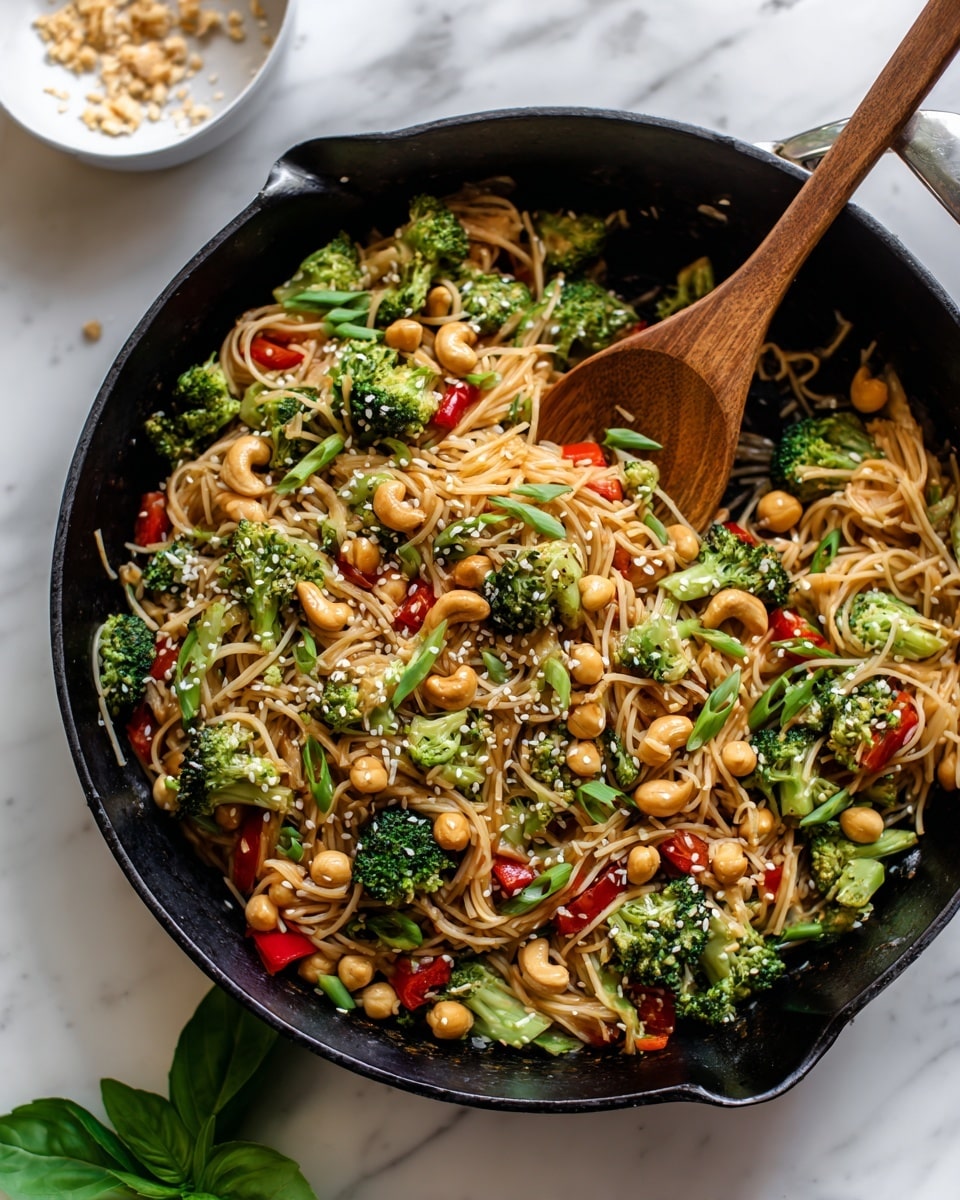 A white bowl filled with three main layers: the bottom layer is light brown noodles tangled together, the middle layer has bright green broccoli florets, orange carrot slices, light beige chickpeas, and golden cashews scattered on top, and the top layer is fresh green basil leaves and white sesame seeds sprinkled all over. Two wooden chopsticks rest on the bowl’s edge, with some noodles wrapped around them. The bowl is on top of a blue and white striped cloth, all placed on a white marbled surface. Photo taken with an iphone --ar 4:5 --v 7