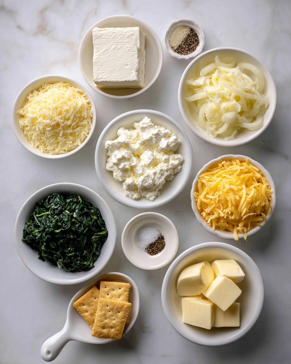 The image shows a top view of several small white bowls arranged on a white marbled surface, each containing different ingredients for a recipe. There are nine bowls in total: one with light yellow grated Parmesan cheese, one with a block of smooth white cream cheese, one with white cottage cheese with soft curds, one with yellow shredded cheddar cheese, one with white chopped onions, one with dark green frozen spinach, one with cream-colored heavy cream, one with pale yellow butter cubes, and one with golden butter crackers. There is also a small white dish containing a mix of black pepper, salt, and brown nutmeg. Each bowl is clearly labeled with its content. Photo taken with an iphone --ar 4:5 --v 7