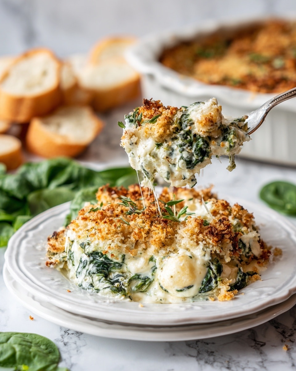 A scalloped white plate holds a serving of creamy baked spinach casserole with visible layers of chopped dark green spinach mixed with creamy white sauce, topped with a golden brown crispy crumb layer that has crunchy texture and scattered green herbs. A silver fork lifts a portion from the plate, showing the casserole’s soft and slightly chunky inside with melted cheese and green spinach bits. In the background, there are slices of bread on a white marbled surface with some fresh green spinach leaves nearby, creating a fresh and cozy scene. Photo taken with an iphone --ar 4:5 --v 7
