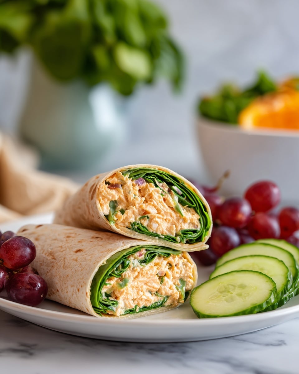 A white plate on a white marbled surface holds a wrap cut in half, showing inside layers of green leafy spinach, light orange shredded filling mixed with bits of light green and purple, and a soft light tan tortilla on the outside. Next to the wrap are several round slices of cucumber in light and dark green shades and a small bunch of red grapes. In the background, there is a blurred bunch of green leafy herbs and a bowl of orange and green salad. Photo taken with an iphone --ar 4:5 --v 7