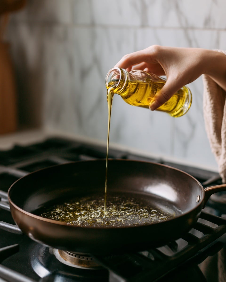 A woman's hand is pouring light golden olive oil from a small clear glass bottle into a large dark brown pan that sits on a black stove burner. The background is softly out of focus with a kitchen wall showing white tiles. The oil streams smoothly into the pan, catching light and creating a shiny texture inside the pan's dark interior. The scene has a warm and natural look with simple kitchen elements around, and a white marbled surface is implied behind the scene. Photo taken with an iphone --ar 4:5 --v 7