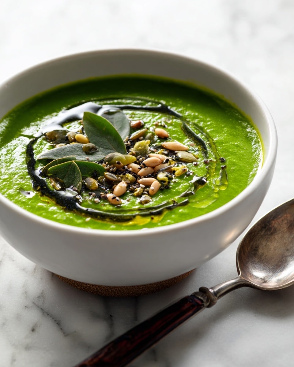 A white bowl filled with thick, bright green soup, with a smooth but slightly chunky texture. On top, there is a swirl of darker green oil and a small pile of mixed light brown and green seeds, along with a few fresh green leaves placed near the center. The bowl sits on a white marbled surface with a hint of a wooden base underneath. A spoon with a dark wooden handle and metallic part lies beside the bowl. photo taken with an iphone --ar 4:5 --v 7