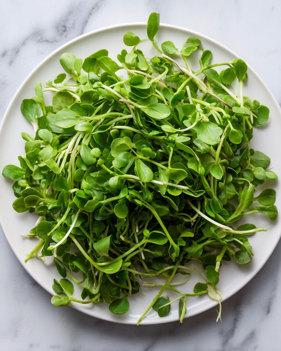 A white plate is full of fresh green watercress, piled high and spilling slightly over the edges. The watercress stems are light green and thin, with small green leaves that are slightly round and have a soft texture. The plate sits on a white marbled surface that makes the bright green of the watercress stand out clearly. photo taken with an iphone --ar 4:5 --v 7
