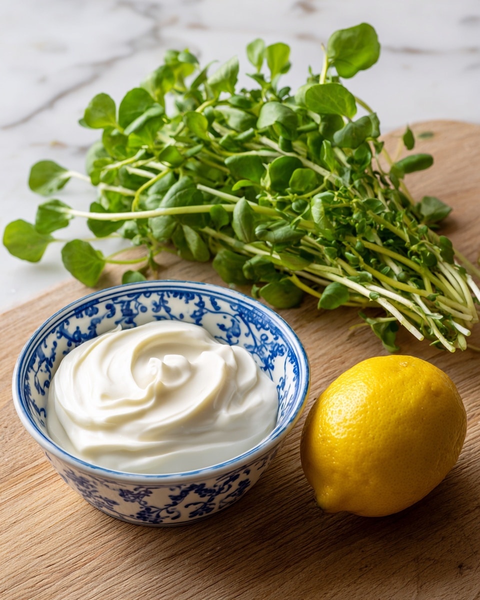 The image shows three main items placed on a wooden surface: a bunch of fresh green watercress with small rounded leaves and thin stems on the left, a bright yellow lemon in the middle, and a white bowl with a blue patterned rim on the right. The bowl holds a smooth, thick, white creamy substance with soft peaks. The background is a white marbled texture. photo taken with an iphone --ar 4:5 --v 7