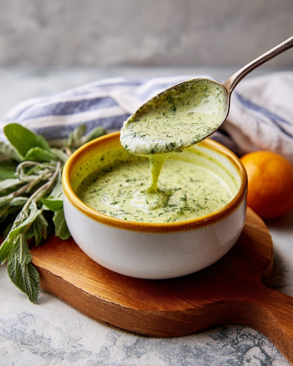 A ladle is lifting thick, light green sauce with specks of herbs from a white bowl with a yellow rim, which sits on a wooden board. Next to the bowl is a round orange and some green leafy herbs. A white towel with blue stripes is partly visible in the background, and the surface is a white marbled texture. The sauce looks creamy with a slightly chunky texture. photo taken with an iphone --ar 4:5 --v 7