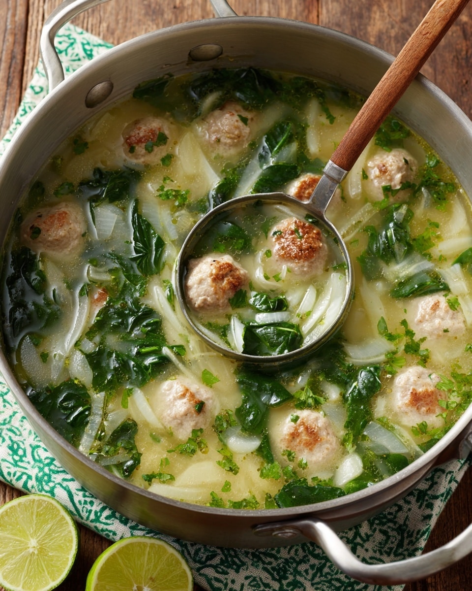 A metal pot filled with light yellow-green soup containing bright green leafy vegetables and translucent white onion pieces. In the center, a ladle holds a pale beige meatball surrounded by green leaves and bits of onion. More meatballs and spinach leaves float in the broth around the ladle. The pot sits on a wooden surface, partially covered by a green and white patterned cloth, with two lime halves beside it. The photo taken with an iphone --ar 4:5 --v 7