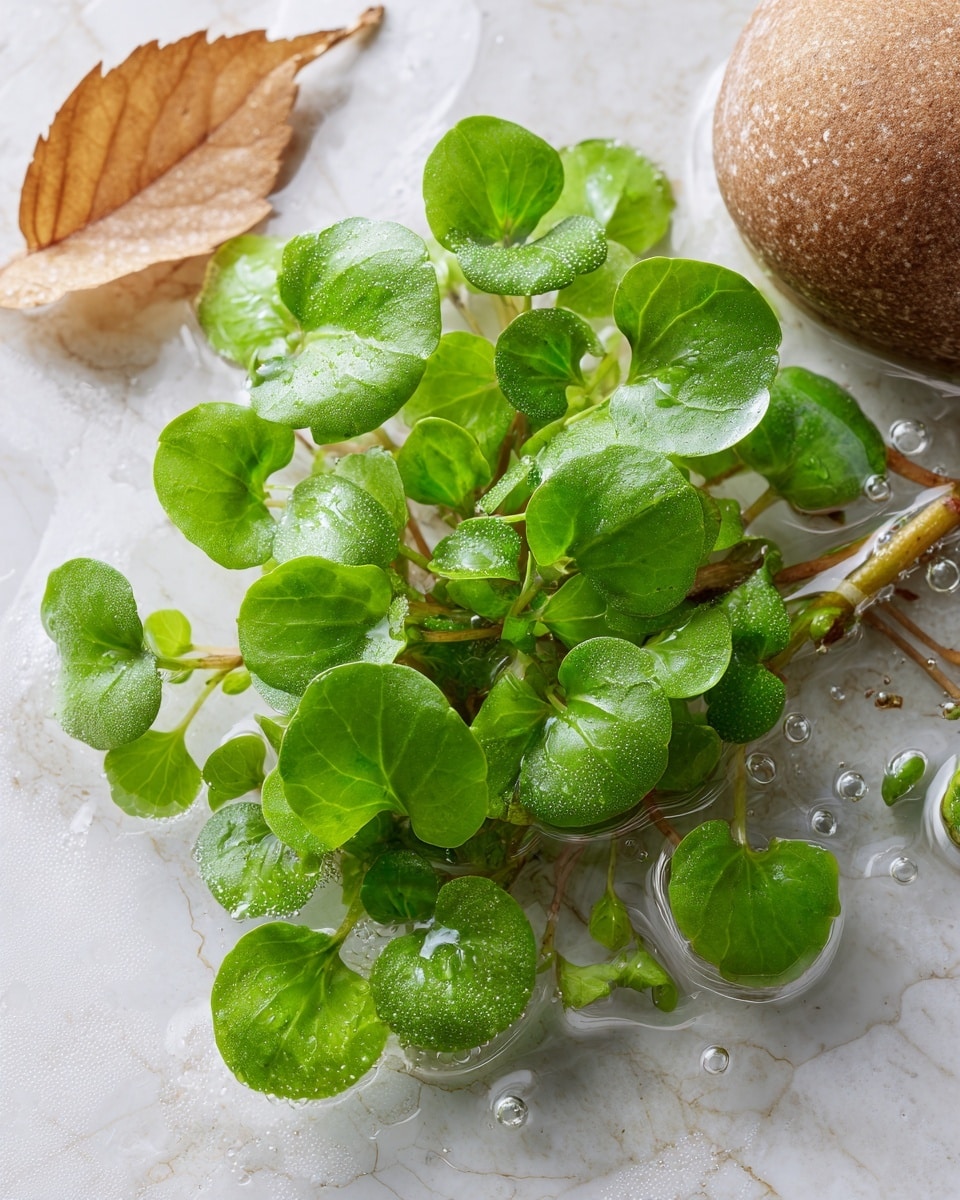 The image shows fresh green watercress leaves floating on clear water. The watercress has small, round, light to medium green leaves arranged in clusters with some leaves overlapping each other, creating a textured, leafy surface. There are a few bubbles on the water around the watercress leaves and a dry, pale brown leaf on the left side. A large brown stone is partially visible on the right edge of the image. The water reflects the green plants and has a calm, still appearance, while the background is a white marbled texture. photo taken with an iphone --ar 4:5 --v 7