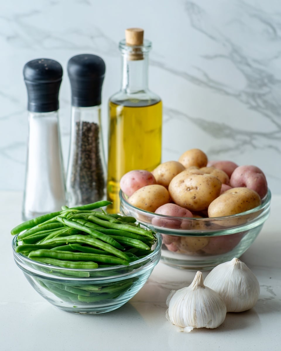 The image shows two clear glass bowls on a white marbled surface. The bowl on the left is full of fresh green beans, long and bright green. The bowl on the right holds small, round potatoes with light brown and pinkish skin. In front of the bowls, there is a whole garlic bulb with white, slightly peeled skin. Behind the bowls, there are three items in a row: a glass bottle with golden yellow olive oil, and two clear glass shakers each with black tops containing salt and pepper. The background is a white marbled wall. photo taken with an iphone --ar 4:5 --v 7