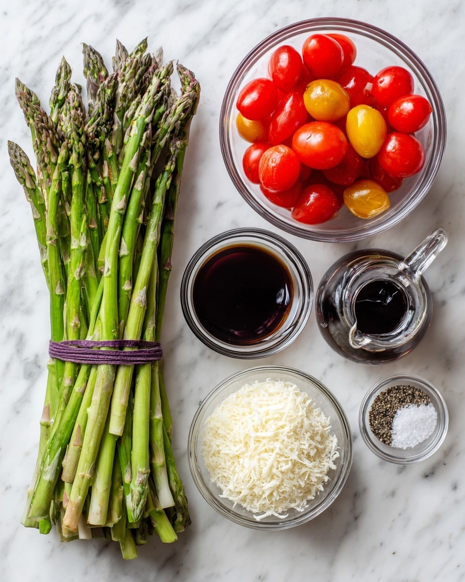 A bunch of fresh green asparagus tied with two purple bands lies on a white marbled surface on the left side. To the right, there are four clear glass bowls: one filled with grated pale yellow parmesan cheese in the middle bottom; another with shiny dark brown balsamic vinegar with a clear glass handle at the top right; a larger bowl with a mix of red and yellow cherry tomatoes cut in halves on the middle right; and a small bowl with white salt and black pepper next to the parmesan cheese bowl. The image is bright and clean, showing all ingredients separately. Photo taken with an iphone --ar 4:5 --v 7