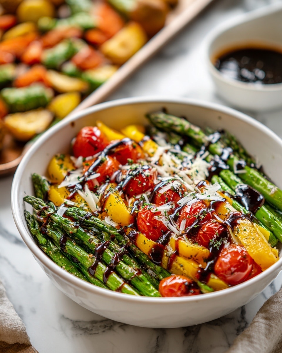 The dish shows a white bowl filled with three layers of food: the bottom layer has long green asparagus with a slightly roasted look, the middle layer consists of halved red cherry tomatoes mixed with bright yellow bell pepper slices, and the top layer is drizzled with a thick dark balsamic glaze and sprinkled with small shreds of white cheese. The vegetables look juicy and roasted with some small black pepper dots and seasoning visible. The bowl is placed on a white marbled surface with a tray of roasted vegetables and a white sauce bowl blurred in the background. Photo taken with an iphone --ar 4:5 --v 7