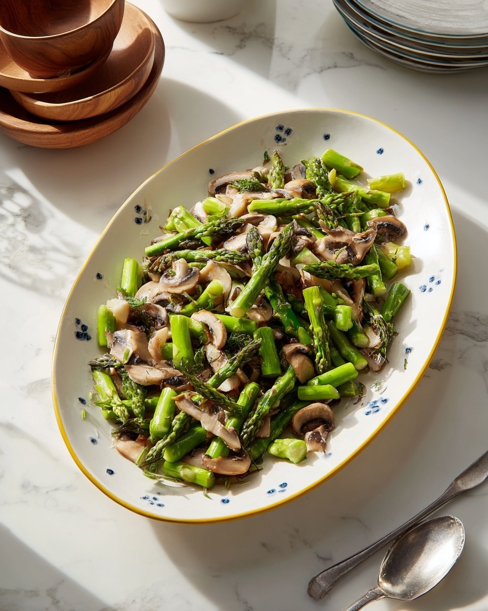 The dish is served on a white oval plate with a thin yellow rim and small blue dot patterns near the edges. It contains two main layers: the bottom layer is made of bright green asparagus pieces, cut into short lengths and spread evenly across the plate. The top layer features a mix of light brown sliced mushrooms scattered all over the asparagus, adding contrast in color and texture. The plate is placed on a white marbled surface with a silver spoon to the right side and a set of wooden bowls in the upper left corner. The photo has soft daylight lighting and a clean, fresh look. photo taken with an iphone --ar 4:5 --v 7
