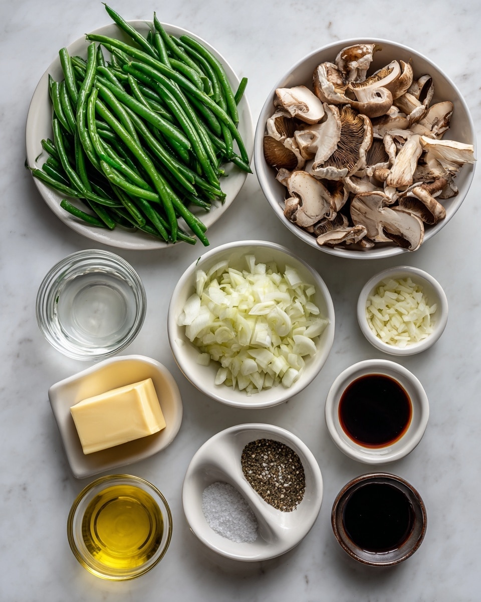 The image shows a top-down view of various cooking ingredients arranged neatly on a white marbled surface. On the top left, there is a white plate filled with fresh green beans, long and vibrant green. To the right of that, a white bowl holds sliced brown and white mushrooms, showing their textures and stems. Below the green beans and mushrooms, there are smaller white bowls containing different ingredients: water in a clear liquid, chopped onions in small white pieces, and minced garlic in a small dark brown bowl. At the bottom, there are clear glass bowls with olive oil, light yellow butter, and dark soy sauce. Two small dark brown bowls at the bottom hold coarse salt and ground black pepper. The arrangement is clean, organized, and highlights the natural colors and textures of the ingredients photo taken with an iphone --ar 4:5 --v 7