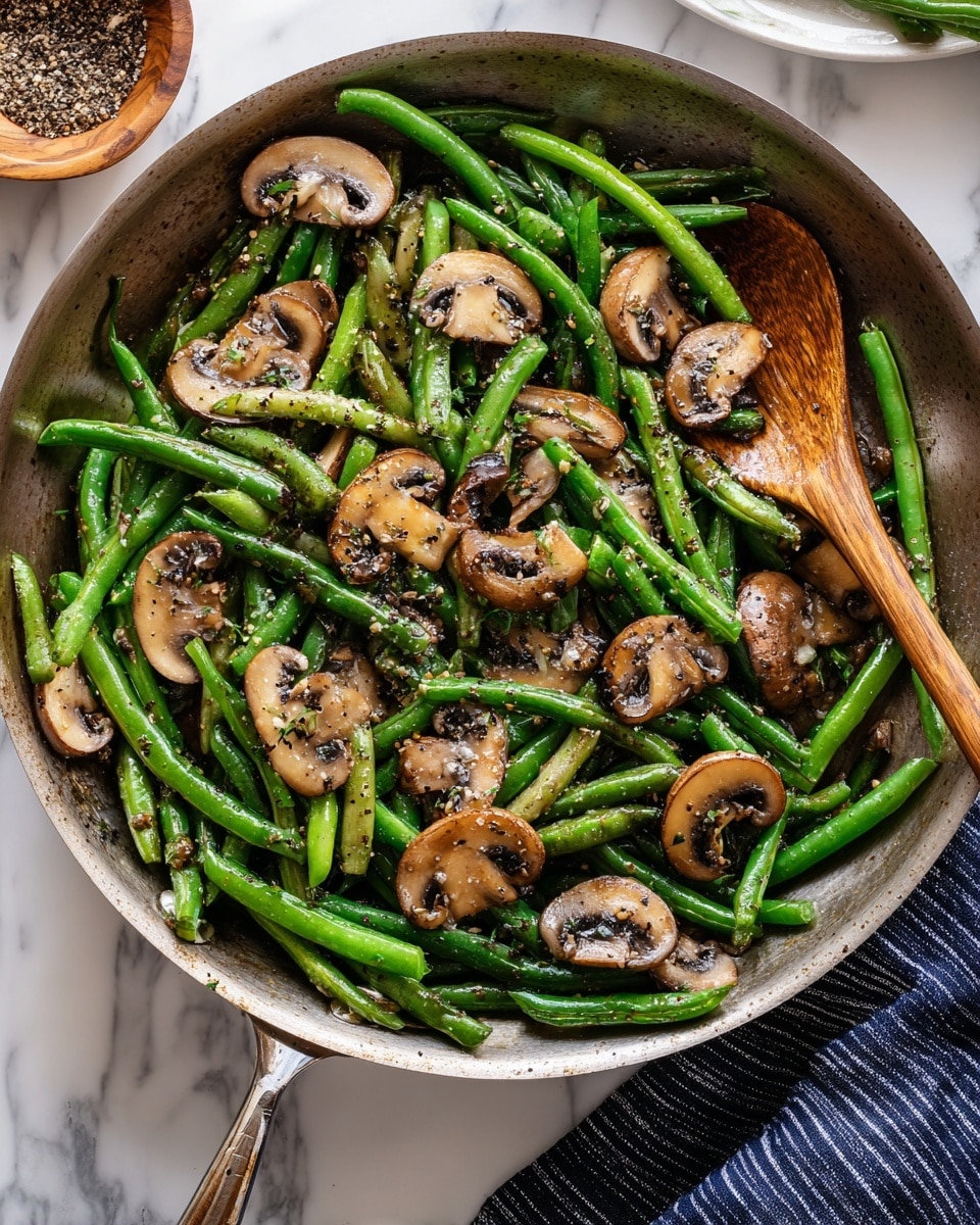 The image shows a close-up of cooked green beans and sliced mushrooms mixed together in a pan. The green beans are long, bright green, and smooth with a fresh, slightly glossy texture. Scattered among them are many brown mushroom slices that look soft with a slightly browned, seasoned surface. A wooden spoon with natural grain patterns is pushing through the vegetables from the right side of the pan. The background has a white marbled texture. photo taken with an iphone --ar 4:5 --v 7