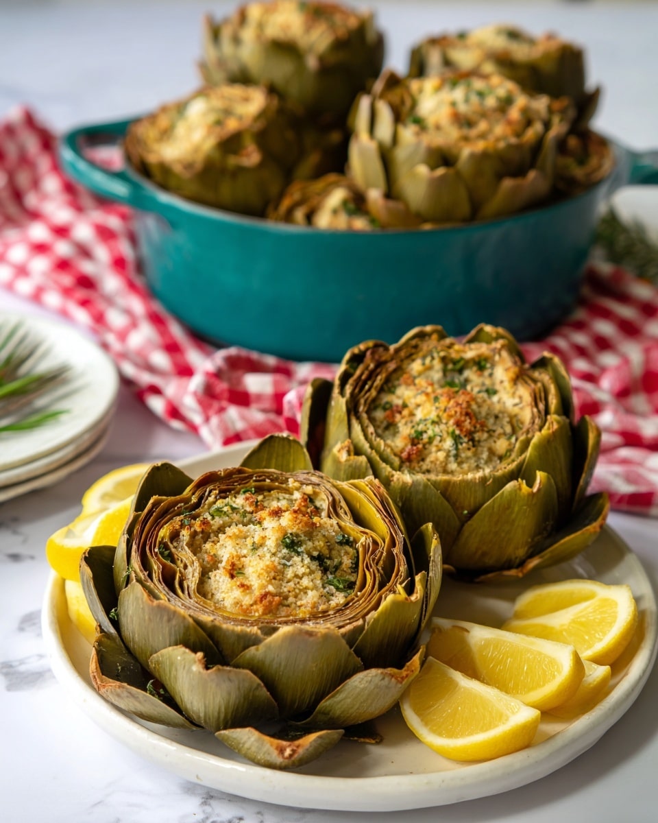 A cooked whole artichoke sits in the middle of a white plate, its many greenish layers tightly packed and soft with visible herbs and small bits of garlic scattered on the outer and inner leaves. Around the artichoke, three bright yellow lemon wedges rest, showing their juicy, smooth texture. The plate is set on a white marbled surface, next to a red and white checkered cloth and a shiny blue pot in the background. photo taken with an iphone --ar 4:5 --v 7