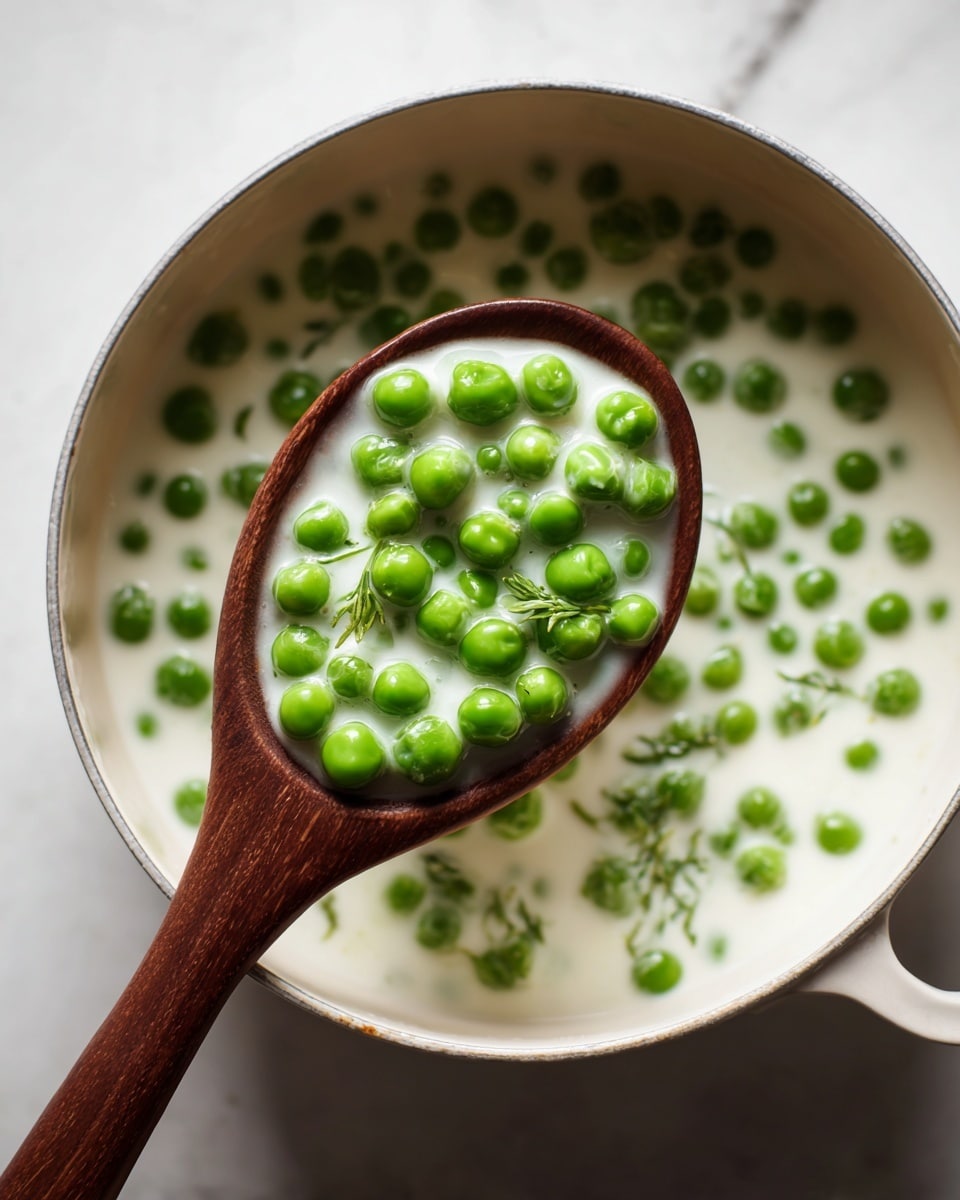 A close-up view of a dark wooden spoon stirring small, bright green peas in a thick, creamy white sauce inside a white pot. The sauce looks smooth and covers the peas well, with some peas sticking to the spoon. The pot sits on a white marbled surface, and the focus is on the spoon holding the peas and sauce. photo taken with an iphone --ar 4:5 --v 7