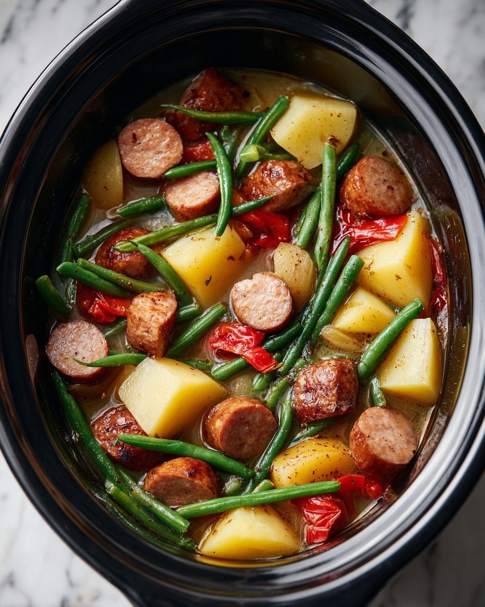 The image shows a close-up of a cooked dish with three main layers: large pieces of yellow potatoes with a smooth texture, thick slices of browned sausage with a slightly shiny surface, and cooked green beans that are slightly wrinkled with a rich green color. There are also small pieces of red tomatoes and translucent cooked onions scattered throughout. The ingredients are mixed together closely, displayed on a white marbled surface, showing a warm and hearty feel. photo taken with an iphone --ar 4:5 --v 7