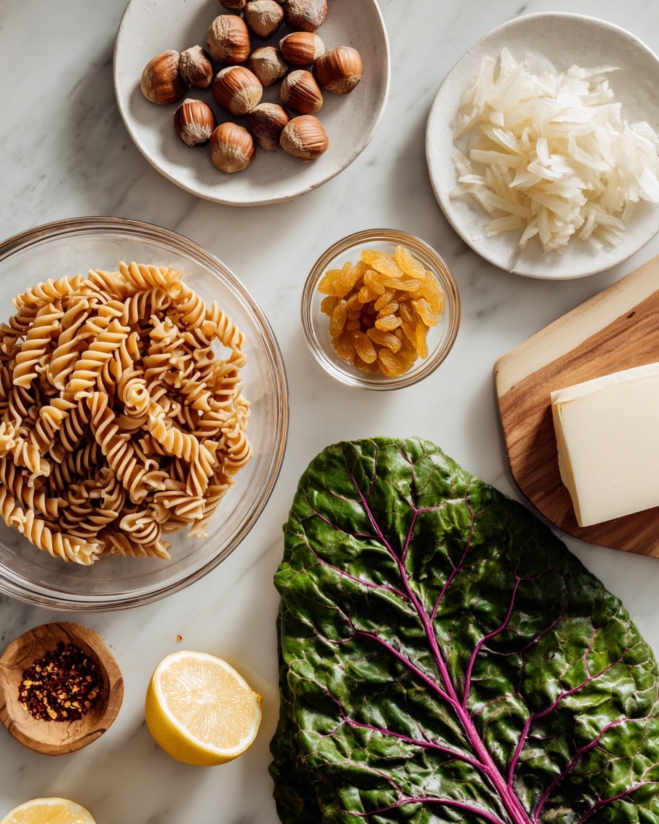 A clear glass bowl filled with light brown spiral pasta sits on a white marbled surface next to a large green leaf with dark red veins. Above the pasta bowl is a white plate with whole hazelnuts, and beside it is a small clear bowl filled with yellow raisins. A small ceramic bowl contains caramelized onions, and a block of white cheese is nearby. Two lemon halves and a whole lemon rest next to the leafy green, with a small wooden dish holding red pepper flakes also visible. The setup is bright and neatly arranged, emphasizing the natural colors and textures of the ingredients photo taken with an iphone --ar 4:5 --v 7