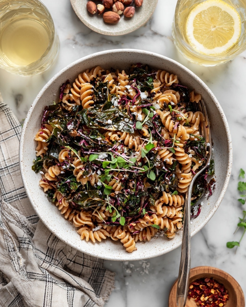 A white speckled bowl holds three main layers: at the bottom, twisted orange pasta spirals fill the space; mixed throughout are dark green leafy vegetables with red stems; on top are scattered light green microgreens and thin, uneven white cheese shavings. A fork rests inside the bowl, partially buried in the pasta. On the right side, a clear glass of olive oil sits on a white marbled surface next to a blue and white checkered cloth, and to the left are two halved yellow lemons also on the white marbled surface. photo taken with an iphone --ar 4:5 --v 7