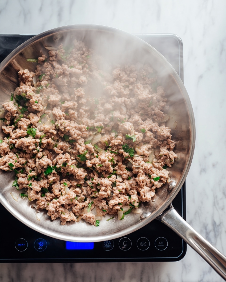 A top view of a shiny silver pan filled with cooked ground meat that is light brown with some darker browned bits, mixed with small pieces of green herbs and onions. The pan handle is visible on the left side and it sits on a black induction stove with a blue digital display and control buttons. There is steam rising from the meat, adding a soft misty effect. The surface under the stove is a white marbled texture. photo taken with an iphone --ar 4:5 --v 7