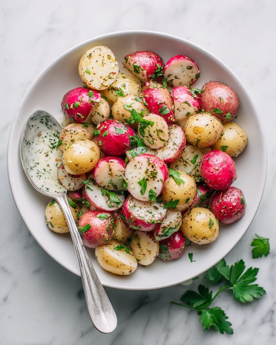 A white baking dish filled with one layer of small, cut potatoes in shades of red, purple, white, and tan. The potatoes are cut into halves and scattered evenly inside the dish. They have a slightly roasted look with a light, oily shine and are sprinkled with green herbs all over. The dish is set on a white marbled surface. Photo taken with an iphone --ar 4:5 --v 7