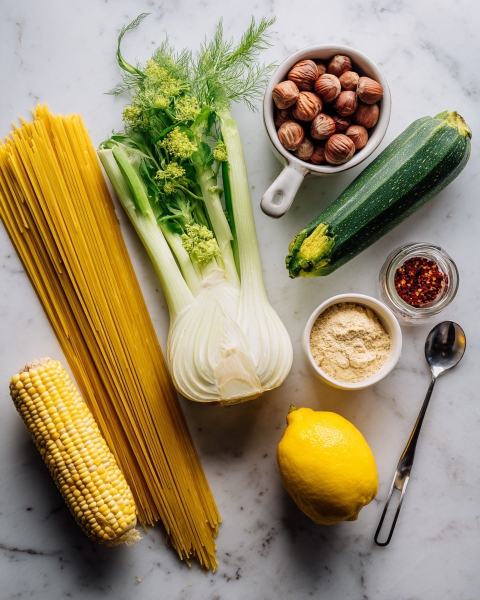 The image shows ingredients laid out neatly on a white marbled surface. From left to right, there's a bundle of uncooked spaghetti pasta with a yellow color, next to it a fresh green zucchini with a textured skin. Beside the zucchini is a white fennel bulb with green stalks and feathery leaves. Below the pasta, there is a half ear of yellow corn, and a small white bowl containing a beige paste. A metal measuring cup filled with brown hazelnuts sits next to the bowl. To the right, a spoon holds a pale yellow powder, and a jar filled with red chili flakes is next to the spoon. Finally, a whole bright yellow lemon is placed beside all the ingredients, creating a colorful and fresh arrangement. Photo taken with an iphone --ar 4:5 --v 7