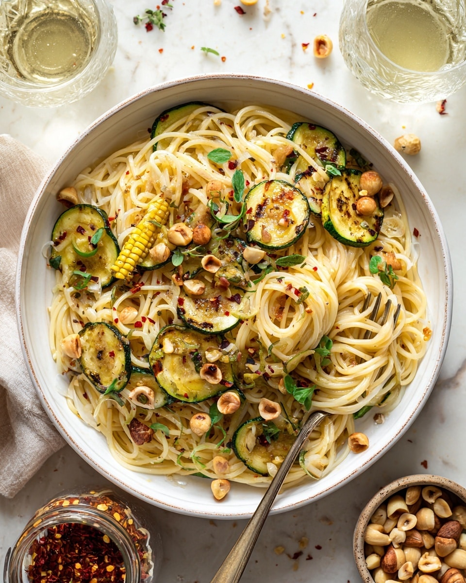 A silver pan is filled with creamy pale yellow pasta mixed with thin light brown mushroom slices and small yellow corn kernels. There are also thin strips of green zucchini scattered throughout. The pasta looks soft and slightly glossy from the sauce. A woman’s hand holding silver tongs is lifting some pasta from the pan. The pan sits on a white marbled surface. Photo taken with an iphone --ar 4:5 --v 7