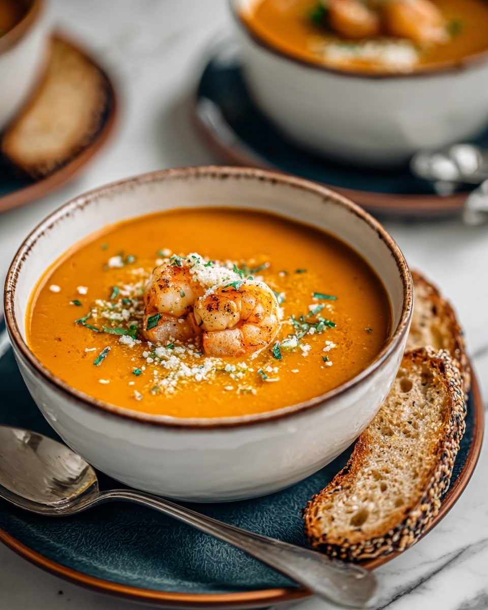 A white bowl holds three cooked shrimp with reddish-orange shells standing up in the middle of a thick orange creamy soup. The soup is smooth with some small chunks and is sprinkled with white grated cheese and small green herb leaves spread on top. The bowl sits on a white marbled surface. Photo taken with an iphone --ar 4:5 --v 7