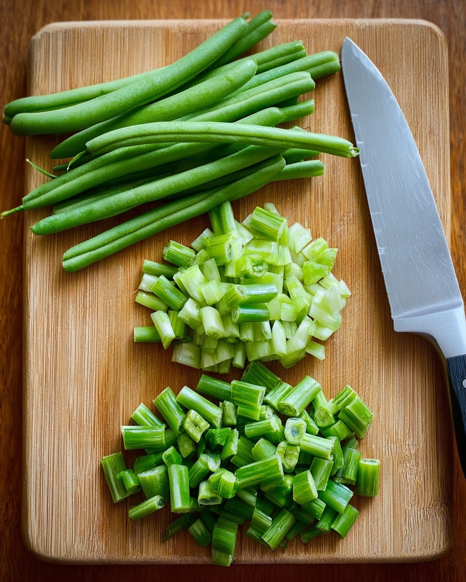 The image shows a wooden cutting board with fresh green beans at the top, whole and uncut. Below them are two piles of chopped green beans. The pieces are small, with clean, even edges, showing the light green interior and darker green skin. To the top right, there is a knife with a shiny silver blade and a black and silver handle, resting on the board. The background shows a warm wooden table surface. photo taken with an iphone --ar 4:5 --v 7